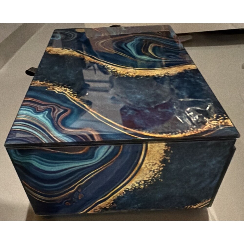 Blue Gold Abstract Pattern Rectangular Decorative Box w/ Lid - Picture 3 of 3